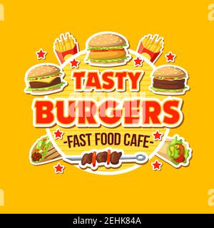 Café de restauration rapide avec affiche savoureuse sur les hamburgers. Barbecue chaud sur brochette et hamburger, frites, symboles kebab de beignet. Street ready Meals café icônes avec Illustration de Vecteur