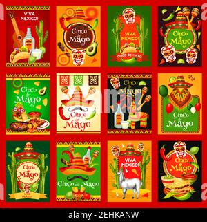 Affiches de célébration de fête mexicaine de Cinco de Mayo. Drapeau mexicain Vector, sombrero et poncho sur moustaches, piment jalapeno ou tequila et avocat Illustration de Vecteur