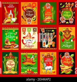 Affiches de célébration de fête mexicaine de Cinco de Mayo. Drapeau mexicain Vector, sombrero et poncho sur moustaches, piment jalapeno ou tequila et avocat Illustration de Vecteur