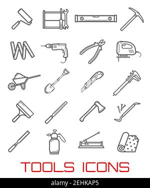 Icônes et symboles d'outils, instruments pour la construction de lignes art. rouleau, tournevis et clé, règle de niveau et pince coupante, perceuse électrique et grandes pinces, Illustration de Vecteur