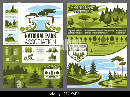 Conception de paysage, parcs et construction forestière affiches vertes de compagnie. Services de jardin et entretien de l'environnement. Parc national et forêts associ Illustration de Vecteur