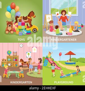 Concept de conception plate de jardin d'enfants comprenant un éducateur pendant la leçon de jeu, des jouets colorés, des enfants à l'aire de jeux illustration vectorielle isolée Illustration de Vecteur