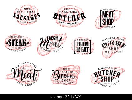 Étiquettes d'atelier Vector Butcher. Caractères dessinés à la main à la saucisse et à la viande. Steak de bœuf, saucisse de porc et jambon, salami, bacon et frankfurter fumé, bol de poulet Illustration de Vecteur