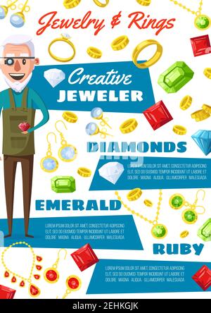 Profession de bijoutier, anneaux de mariage dorés et diamants. Vecteur homme de dessin animé expert en bijoux avec pierres précieuses, émeraude bijoux bijou bijoux, boucles d'oreilles rubis avec humour Illustration de Vecteur