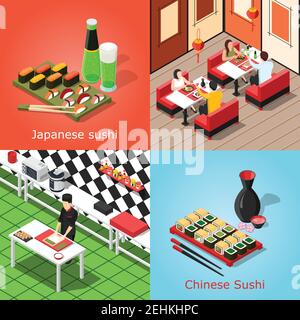 Bar à sushis isométrique avec cuisine chinoise et japonaise concept 2x2 isolé sur des arrière-plans colorés illustration vectorielle 3d Illustration de Vecteur