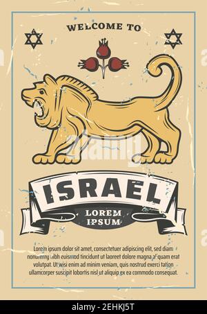 Bienvenue à l'affiche rétro d'Israël, agence de voyage ou de tourisme. Vecteur juif lion animal et grenade avec ruban et David Star, Judaïsme religieux comm Illustration de Vecteur