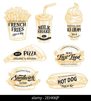 Croquis de fastfood, icônes de promotion. Frites chaudes et milk-shake, crème glacée tendre et grande tranche de pizza, hamburgers savoureux et hot dog avec moutarde. Rue Illustration de Vecteur