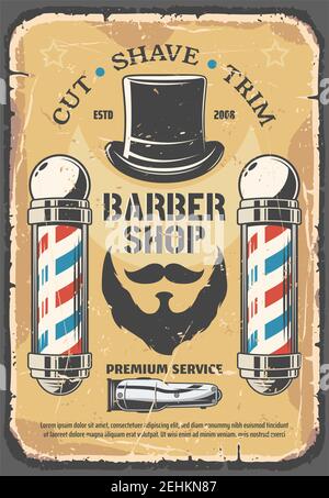 Salon de coiffure, service de l'industrie de la coupe de cheveux. Moustaches, barbe et gentlemen chapeau, icône rasoir. Services de coupe, de rasage et de tonte sur le dépliant rétro-vectoriel. Ha Illustration de Vecteur