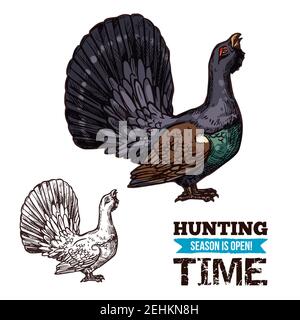 Esquisse de tétras sauvages ou de coq de forêt isolée par vecteur, aventure de chasse aux oiseaux. Affiche de croquis de saison ouverte, société de chasseurs ou thème de club Illustration de Vecteur