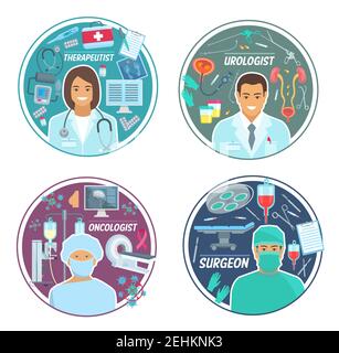 Urologue, chirurgien ou oncologue et thérapeute médecins personnel. Médecine vectorielle urologie, chirurgie ou oncologie et traitement thérapeutique, stéthoscope, seringue Illustration de Vecteur