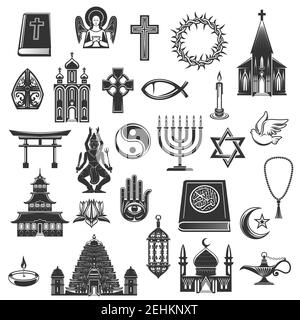 Symboles et signes religieux des religions du monde. Vecteur Christianisme croix crucifix et bible orthodoxe ou catholique, Judaïsme star et Islam Coran, temple A. Illustration de Vecteur