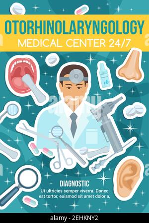 Centre médical d'otorhinolaryngologie, service de diagnostic. Médecin en robe et équipement, bouche et nez, oreille et ciseaux, gouttes et pilules, loupe Illustration de Vecteur