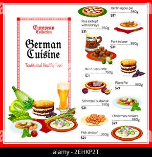 Menu de cuisine allemande, Vector. Tartes berlinoises aux pommes et aux prunes, riz aux reins et poisson, porc dans une casserole à la bière et à la viande, schnitzel budaktek et CH Illustration de Vecteur