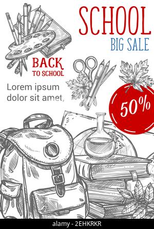 Affiche de croquis au crayon de la vente de la rentrée scolaire pour la promotion de rabais sur les magasins scolaires saisonniers de l'automne de septembre. Vecteur de sac d'école, de livres ou de pinceau et de carte Illustration de Vecteur