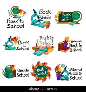 Bienvenue les icônes de la rentrée des classes du sac d'école et de la papeterie de leçon. Vecteur ensemble isolé de livre ou de copybook et de calcul mathématique, stylo ou crayon wi Illustration de Vecteur
