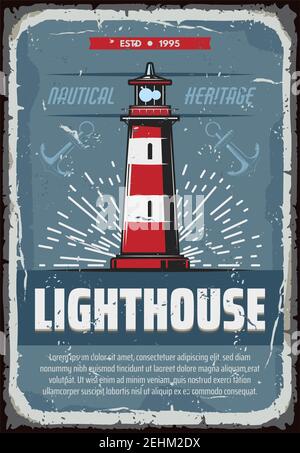 Affiche d'époque de phare pour la navigation en toute sécurité. Design vectoriel rétro de balise lumineuse de sécurité pour bateau pour la navigation en mer ou l'aventure sur l'océan et la mer Illustration de Vecteur
