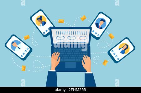 Vecteur d'un homme d'affaires travaillant sur un ordinateur portable ayant une conférence téléphonique avec son équipe en ligne, multitâche Illustration de Vecteur