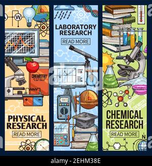 Recherche physique, en laboratoire et en chimie, bannières scientifiques avec équipement scientifique. Microscope et flacons, dispositifs de recherche et livres. Tubes pour Illustration de Vecteur