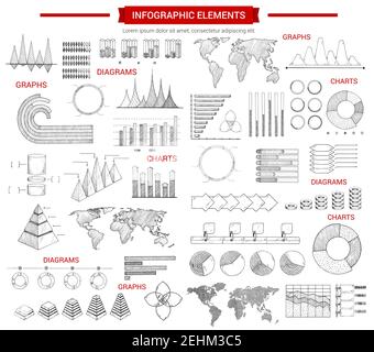 Éléments graphiques vectoriels avec graphiques d'information esquissés. Chronogramme et graphique à barres, graphique à secteurs et à pas avec balise d'option, diagramme empilé avec pourcentage Illustration de Vecteur