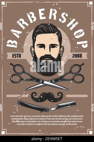 Salon de coiffure coiffeur affiche rétro Vector. Homme avec barbe et moustaches, coupe de cheveux faite avec des ciseaux et un rasoir vintage. Barbershop ou hippste tendance Illustration de Vecteur