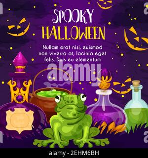 Carte de vœux Halloween avec bouteille de potion et grenouille magique. Octobre Trick or Treat Night Celebration poster avec sorcière chaudron, élixir Illustration de Vecteur