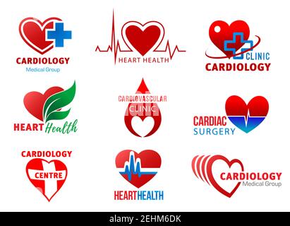 Cœur et santé cardiovasculaire icônes rouges isolées. Groupe médical de cardiologie, chirurgie cardiaque et clinique de cardiologie. Goutte de sang et signes en forme de coeur Illustration de Vecteur