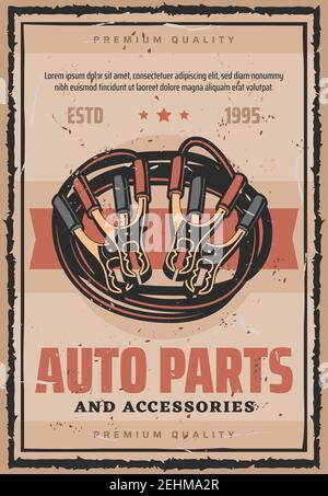 Affiche rétro des pièces et accessoires de voiture. Publicité de service automobile d'atelier de réparation. Câble volant et pince à sous-titres ou pince, mécanique vectoriel et électrique Illustration de Vecteur