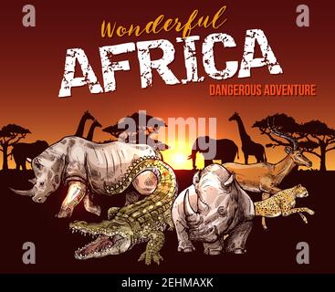 Animaux africains. Éléphant, girafe et rhinocéros, crocodile, jaguar et bannière d'esquisse d'antilope avec lever du soleil sur le paysage naturel de la savane. Safari Adventu Illustration de Vecteur