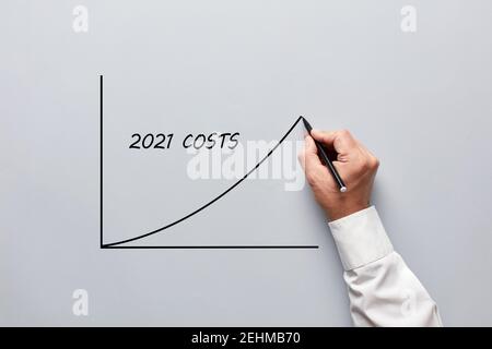 Dessin à la main d'un homme un graphique de 2021 coûte fond gris. Augmentation ou augmentation des lits bébés dans le concept de l'an 2021. Banque D'Images