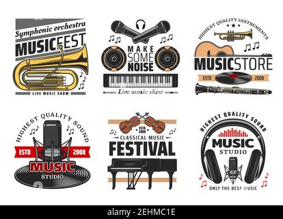 Icônes de concerts de festivals de musique classique, symphonique et live. Instruments de musique, trompette et microphone, haut-parleurs et guitare, piano et écouteurs, viol Illustration de Vecteur