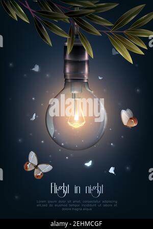 Affiche réaliste de couleurs vintage ampoules luminescentes avec vol sur illustration du vecteur de titre de nuit Illustration de Vecteur