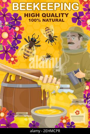 Apiculture et produits à base de miel. Homme de gardien de but vectoriel à l'apiaire avec une cuillère à tremper, un baril en bois et un pot en verre, les abeilles balanlent dans les fleurs sur le dos de nid d'abeille Illustration de Vecteur