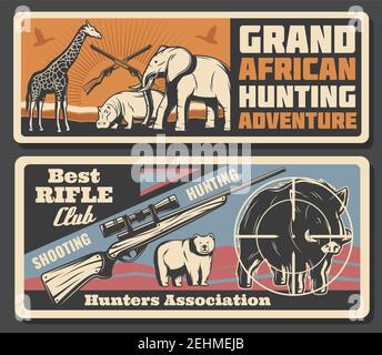 Grande affiche d'aventure de chasse africaine pour la chasse safari en saison ouverte ou association de club de chasseurs. Vector savane animaux sauvages éléphant, hippopotame et Illustration de Vecteur