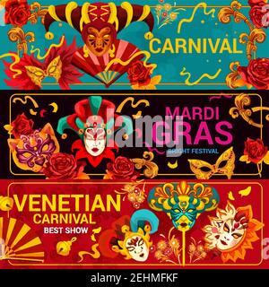 Festival Mardi gras et masques de carnaval vénitien. Mascarade de Venise traditionnelle vectorielle avec motif arlequin orné et visage humain mystère avec voile A. Illustration de Vecteur