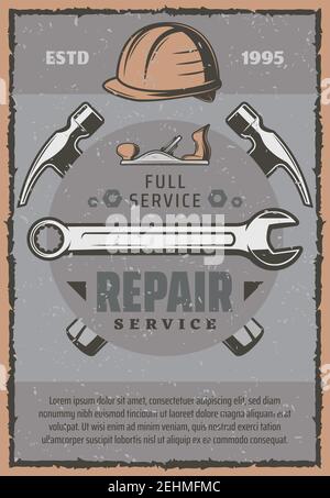 Réparer les outils de travail et les articles d'entretien. Marteaux, clé et clé, casque, rabot de cric et outils à vis. Entreprise de construction, de menuiserie et de construction t Illustration de Vecteur