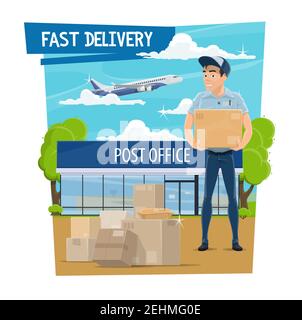 Poster de livraison rapide par courrier pour la logistique de l'affranchissement. Posters ou mailman en uniforme livrant des enveloppes et des colis, transport aérien par pl Illustration de Vecteur