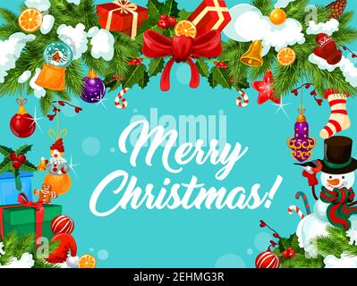 Carte de vœux de joyeux Noël sur fond de neige bleu en cadeaux et décorations du nouvel an. Décorations de Noël vectorielles de clown et de golde Illustration de Vecteur