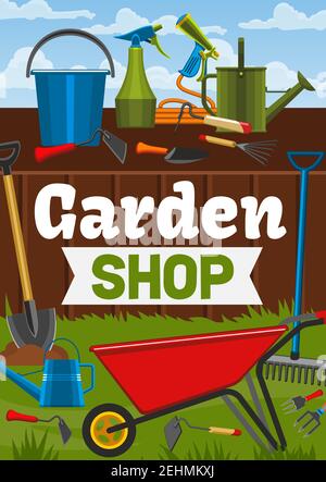 Boutique de jardin, outils de jardinage et articles de jardinier. Brouette vecteur, arrosoir ou outils à râteler et à bêche. Culture de jardin ou plantation agricole Illustration de Vecteur
