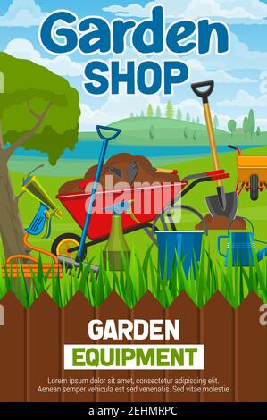 Affiche d'atelier d'outils de jardinage avec équipement agricole ou horticole. Brouette avec terre et bêche, arrosoir et tuyau, seau et râteau Illustration de Vecteur
