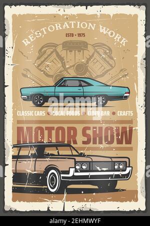 Affiche rétro de l'exposition automobile pour les travaux de restauration automobile. Vecteur conception de véhicule, rareté transport exposition shabby invitation, garage s Illustration de Vecteur