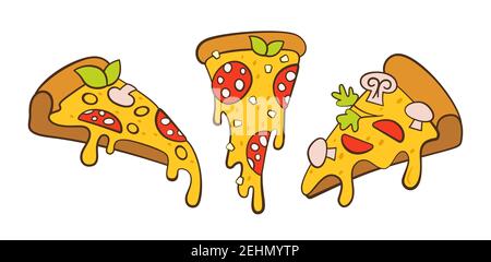 Ensemble de dessins animés style rétro pizza. Pizzas italiennes dessinées à la main avec des légumes verts, du poivre, de l'olive de tomate, des champignons de fromage. Margarita et hawaïen, pepperoni. Collection vecteur de pizzas et d'ingrédients Illustration de Vecteur
