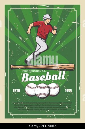 Baseball sport rétro affiche joueur course pour le ballon et batte en bois. Jeu d'équipe pour les sportifs professionnels, annonce de tournoi. Mettre l'homme en uniforme Illustration de Vecteur