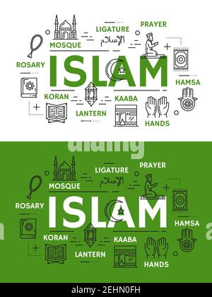 Islam religion et culture ligne art symboles vectoriels. Mosquée musulmane, mains et Kaaba, lanterne du Ramadan, livre et ligature du Coran, prière ou salah sur kn Illustration de Vecteur