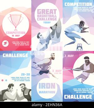 Jeu de six affiches verticales pour la circulaire de concours avec un sportif de dessin animé caractères représentant différents types d'illustrations vectorielles sportives Illustration de Vecteur