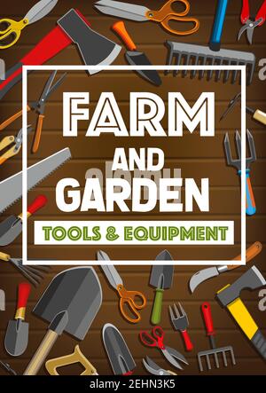 Affiche sur les outils agricoles et l'équipement de jardin pour la boutique de jardiniers. Cadre vectoriel de marteau de jardinage, ciseaux de sécateur ou bêche et râteau avec houe Illustration de Vecteur