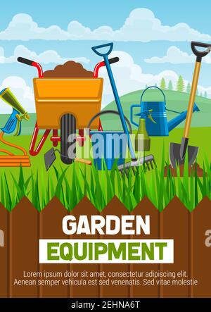 Affiche de magasin d'équipement de jardinage avec outils d'agriculture ou d'horticulture. Brouette avec terre et pelle ou pelle, arrosoir et tuyau avec pulvérisateur, Illustration de Vecteur