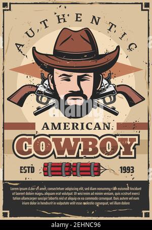 Cow-boy américain en chapeau affiche rétro avec revolvers croisés et dynamite. Criminel occidental brutal ou bandit avec la barbe et les pistolets vintage. Personnage mâle Illustration de Vecteur