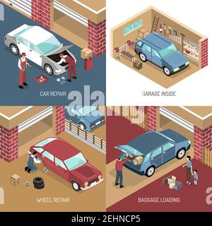 Concept de conception isométrique avec intérieur de garage, réparation de voiture, remplacement de roue, chargement de bagages illustration vectorielle isolée Illustration de Vecteur