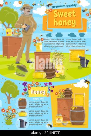 Apiculture, apiculture et apiculteur. Homme en costume de protection et bocaux ou barils de miel, les abeilles balancent volant autour des fleurs, ruches. Ferme apicole pro Illustration de Vecteur