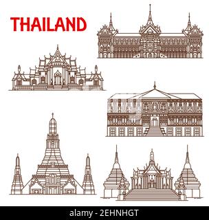 Thaïlande bâtiments et temples historiques célèbres. Façades vectorielles en ligne fine du temple de Bangkok Wat Phra Kaew, du Palais Royal ou de Vimanmek et d'être Illustration de Vecteur